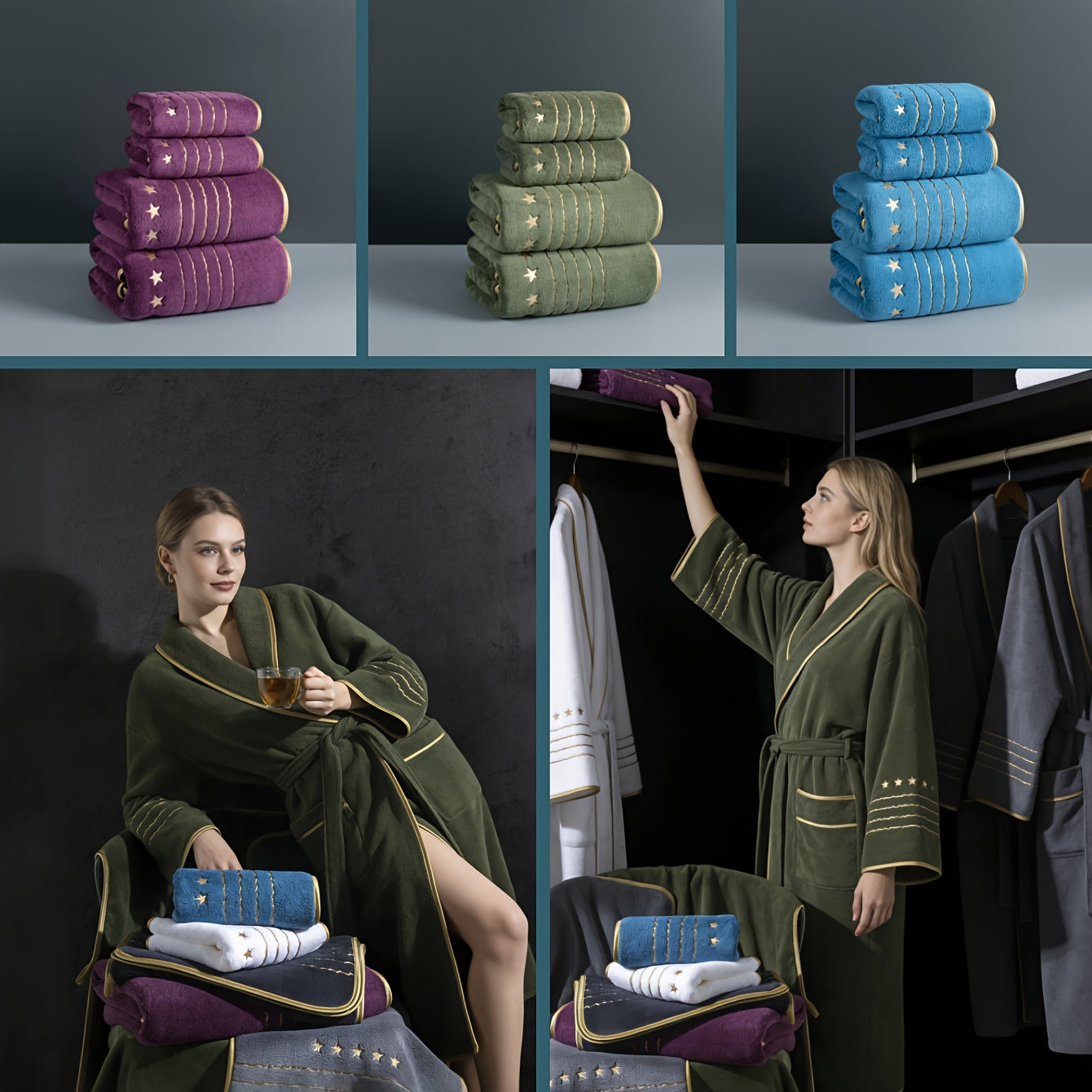 4/6-PCS Set Ultra-Soft Golden Thread Light Luxury Five-Star Embroidered Towel Bath Towel Set, 2 Bath Towels 69.85 X 139.95 cm, 2 Hand Towels 34.04 X 74.93 cm, 2 Washcloths 34.04 X 34.04 cm, Perfect for Home, Hotel, and Spa Us