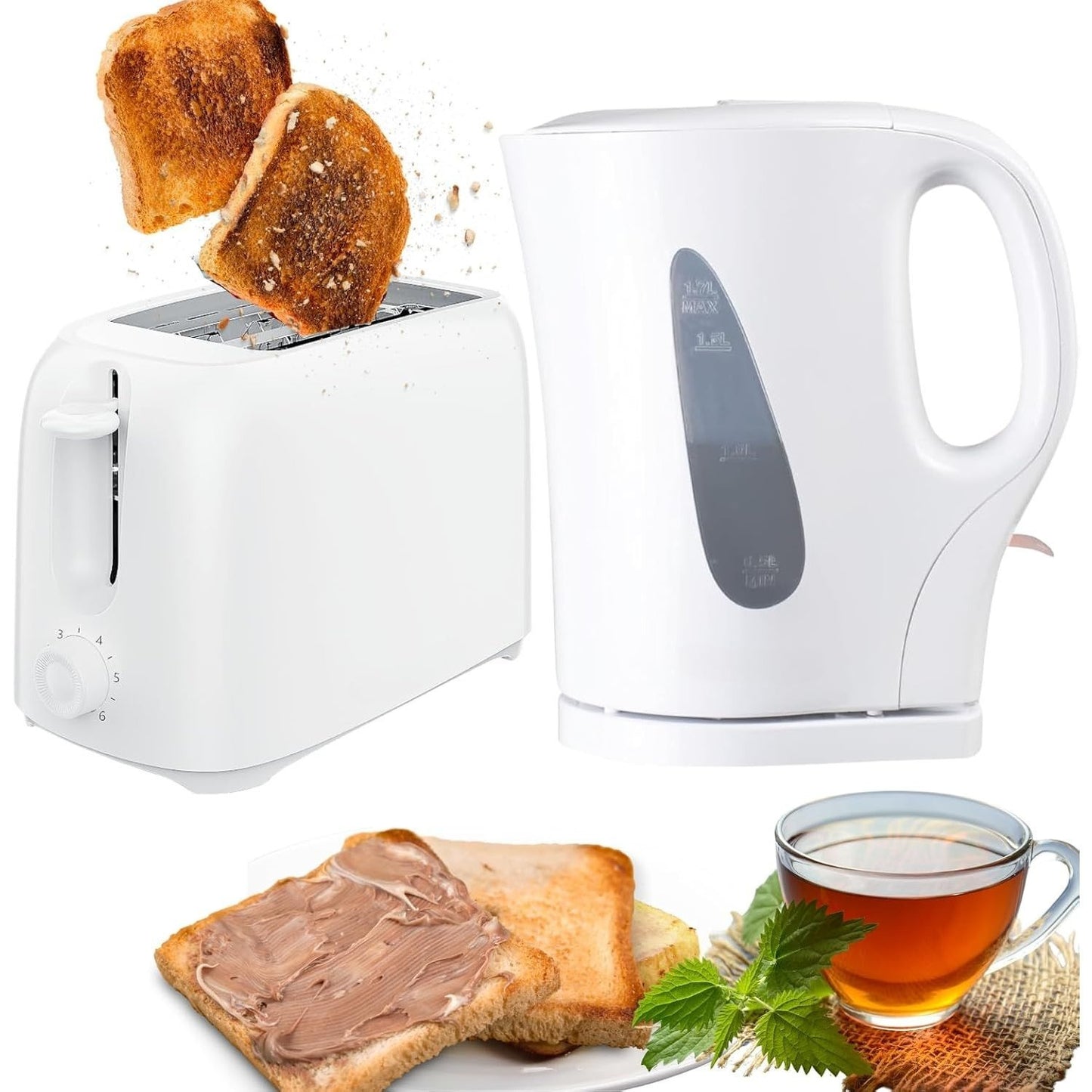 2 PCS Set Kettle & 2 Slice Bread Toaster Kitchen Combo Set | 2200W 1.7L Cordless Jug Kettle Boil Dry Protection & Auto Shut Off | 650W 6 Level with Browning Control & Crumb Tray (Black/White)