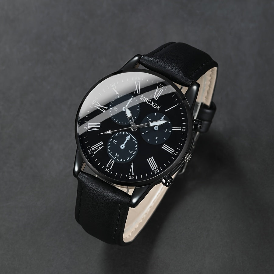 1pc MSCXDK Unisex Watch + 3pcs Accessories, Minimalist Design, Suitable for Formal and Casual Occasions - Black Dial with Roman Numerals, Quartz Movement, Battery-Powered, Affordable Luxury Wristwatch, Slim Design, Sturdy Bra