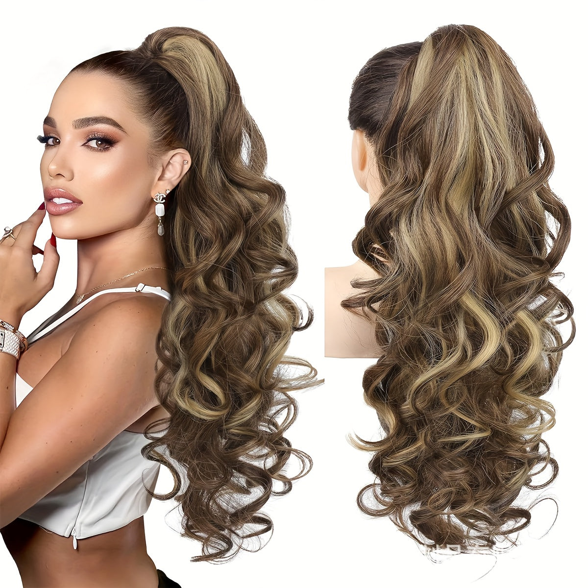 Elegant Light Brown Voluminous Wavy Ponytail Wig for Women, Thick Heat-Resistant Synthetic Curls with Deep Wave Texture, Perfect for All Ethnicities and Genders, Versatile Hair Accessory, Elegant Hairpiece, Look Wig, Heatresi