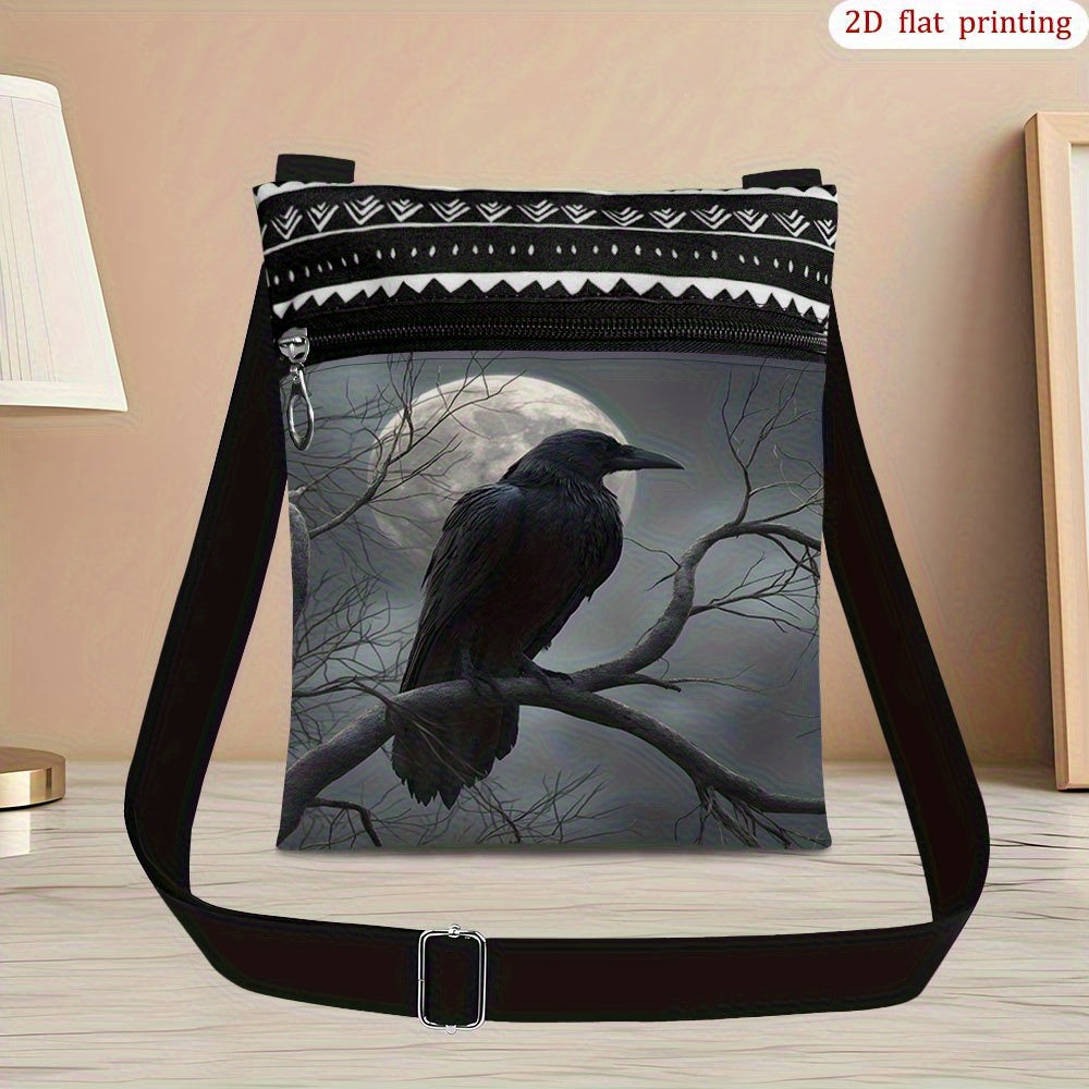 NEW Black Raven Moon Night Crossbody Bag with Adjustable Strap & Zipper Closure - Gothic Moon & Raven Print Handbag, Durable Casual Purse Suitable for Wedding Party Favors, Beach Trips, Daily Use - Stylish Gift for, 2D Flat