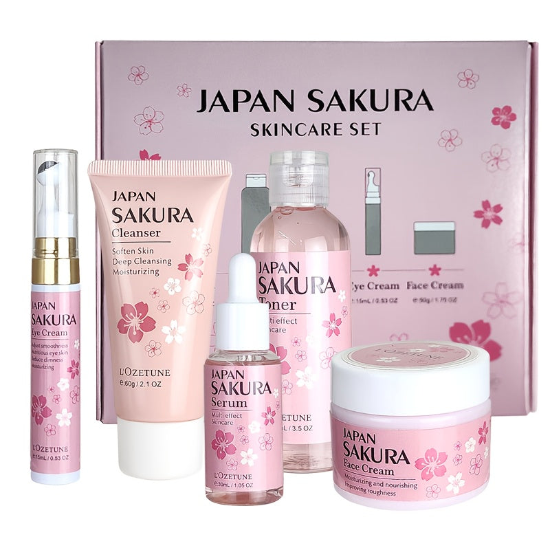 5PCS Set Japanese Sakura Cherry Blossom Skincare Set: moisturizing toner, eye cream, cleanser, face cream, cherry essence. Fits all Light Beige (dry, normal, combination). Great for post-facial hair removal