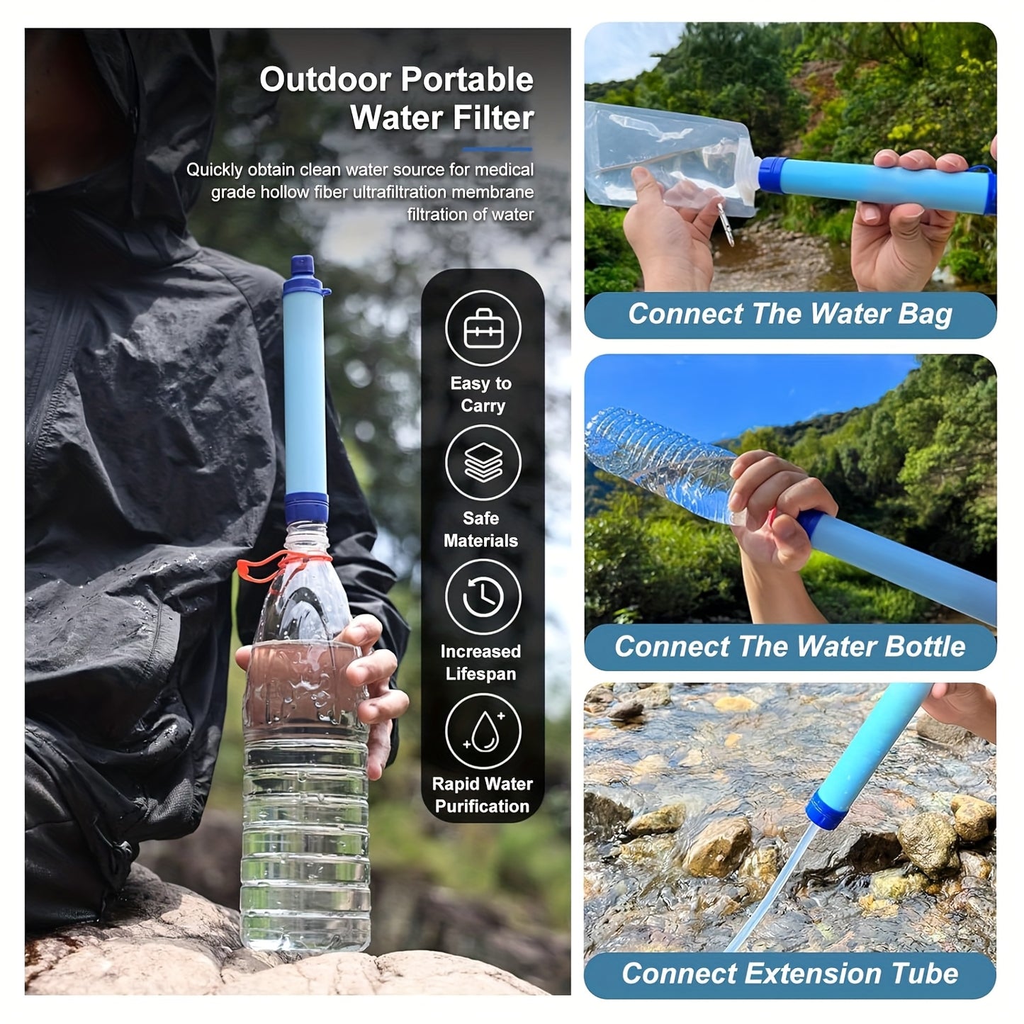 7 in 1 Set Emergency Survival Portable Water Filtration Cleanser Straws for Emergency Situations, a Set Designed for Outdoor Activities Mountain Trip Kayak Camping, Hiking, Traveling, And Biking Health Care Supplies