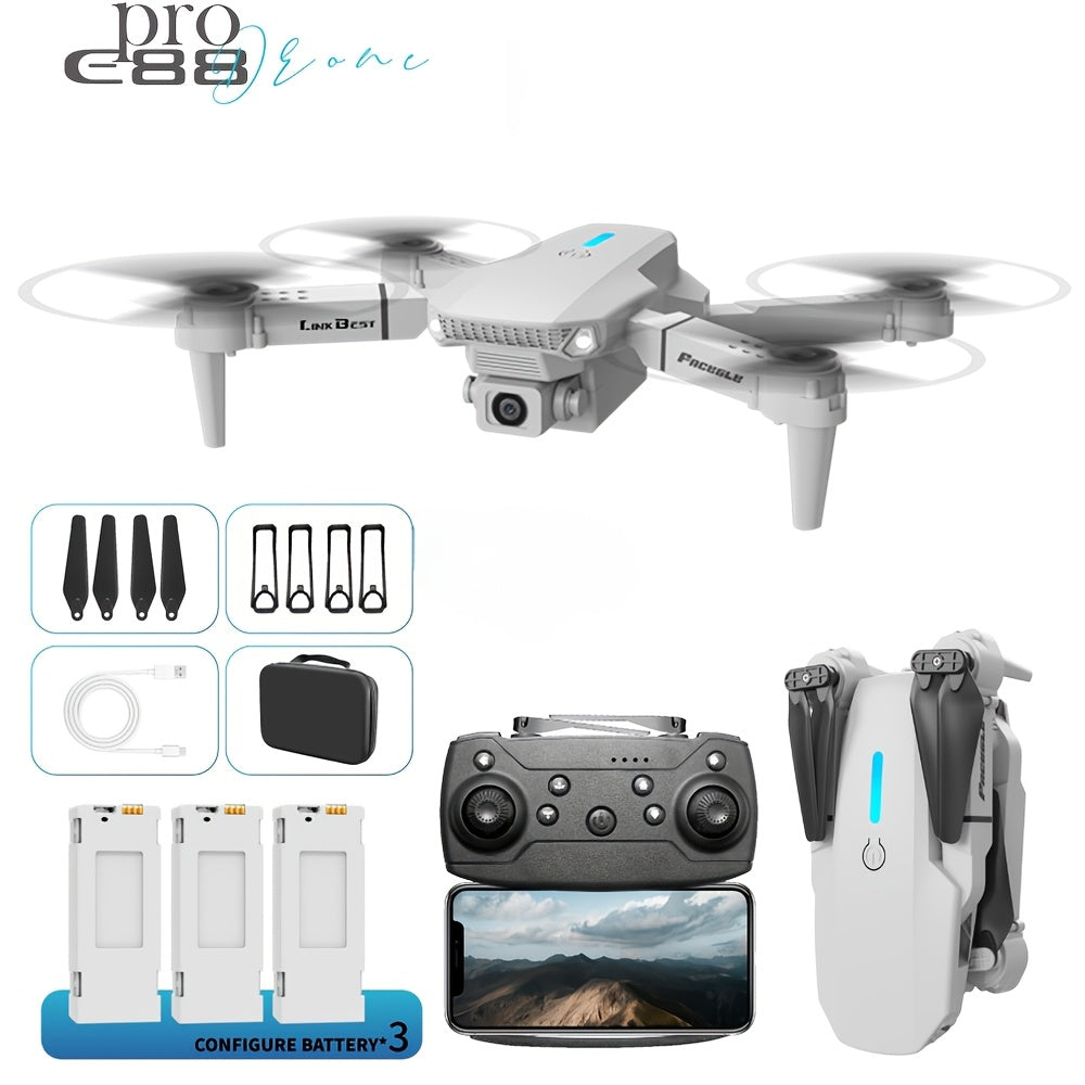 E88 Pro! Featuring a Foldable Design,  Compact And Lightweight, Available in Two Minimalist Colors: Black And Gray, Along with a Sturdy Build. It Has Dual 480P Cameras And Remote Control Operation