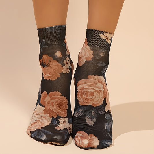 3 Pairs Set Women's Floral Print Mid-Calf Socks - Stylish Black with Pink, Orange & White Flowers, Ribbed Texture, Perfect for Casual or Dressy Outfits, Women Footwear Accessories