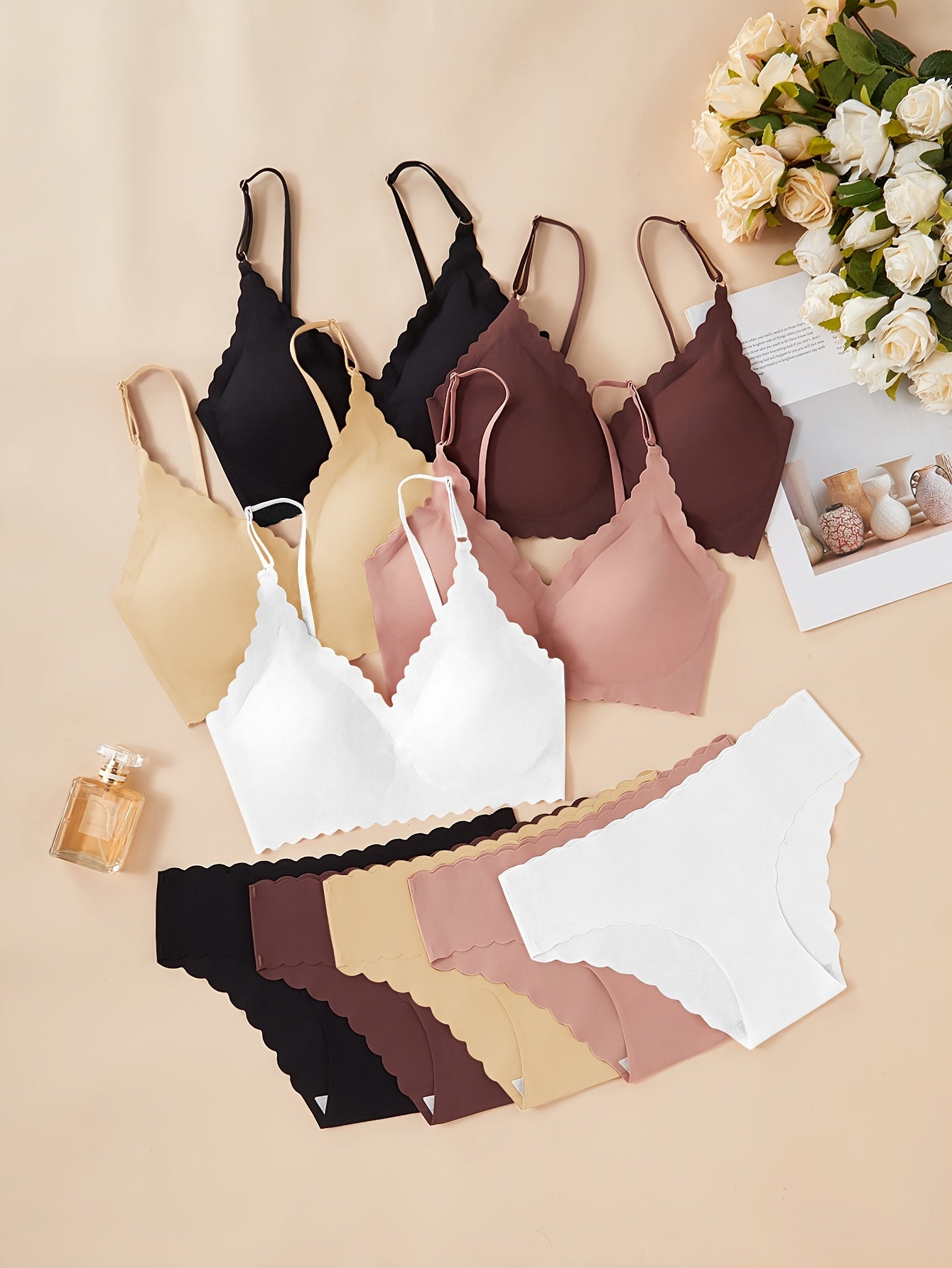 10pcs Elegant Seamless Women's Bra Set - Medium Support, Removable Pads, Strapless Design, Solid Colors (Beige, Brown, White, Black, Tan, Light Beige) - Perfect for Adult, Comfortable Undergarment | Elegant Strapless Bra | Se