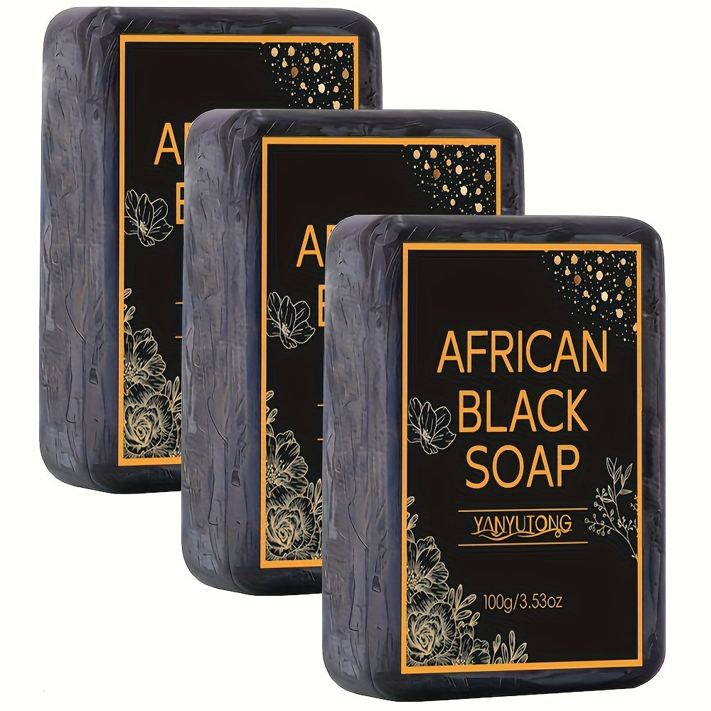3 Bars African Black Soap with Shea Butter, Moisturizing and Non-Irritating, Handmade Soap, Cleanser, Facial Cleanser, Body Wash, Unisex, Body Wash For All Light Beige Types