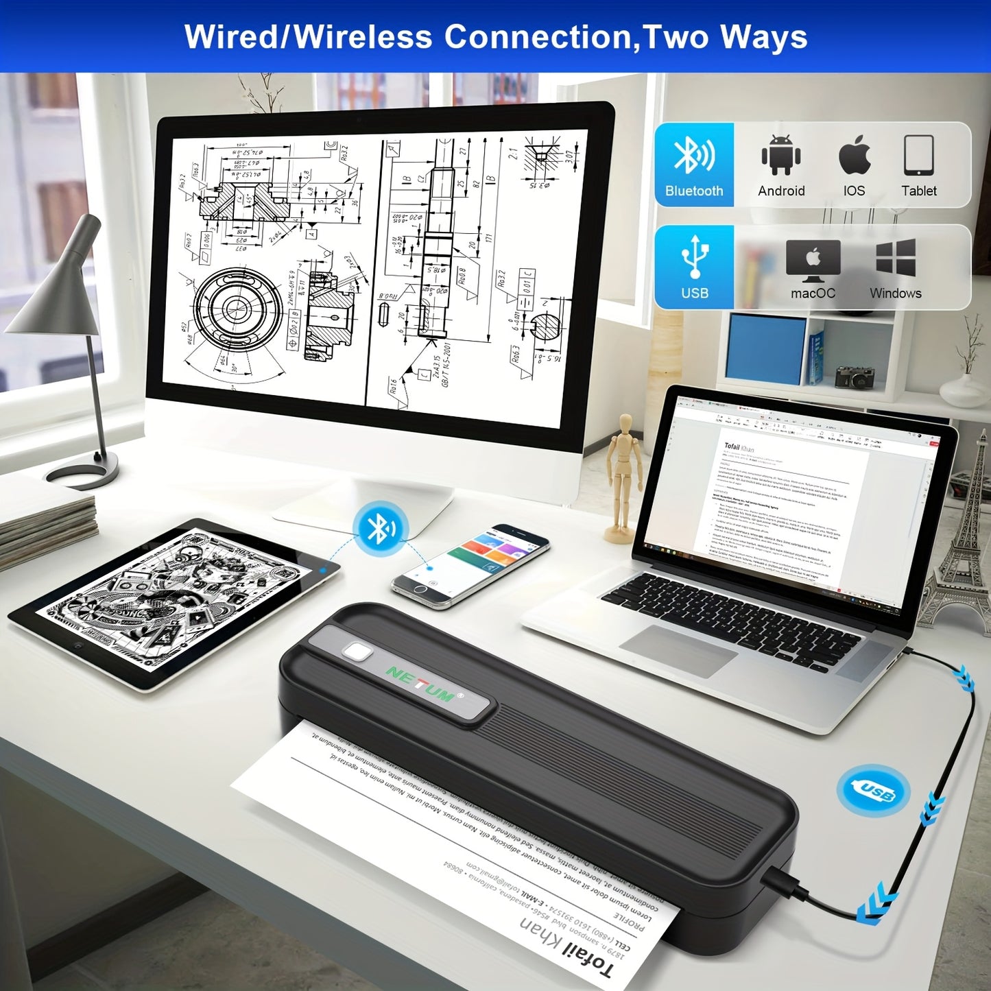 A4 Portable Thermal Printer - Wireless and USB Connection, Multi-Size Printing, Roll/Fold Paper Compatible, Ink-Free Monochrome Output, Supports PDF/Word/Excel/JPG, 203dpi High Definition Print, Built-in 2600mAh Rechargeable