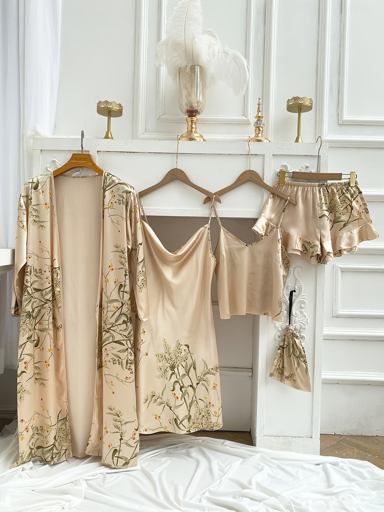 5 PCS Set UK XL-5XL (18-26) for Curvy Women, Featuring a Stylish Cherry Print Sleep Robe, Camisole, Shorts, And a Storage for All Seasons