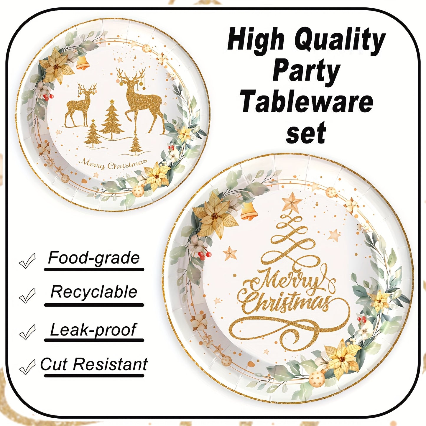 80pcs White Golden Christmas Theme Party Tableware Set, Parties Supplies, Holiday Decorations, Happy Xmas! Christmas