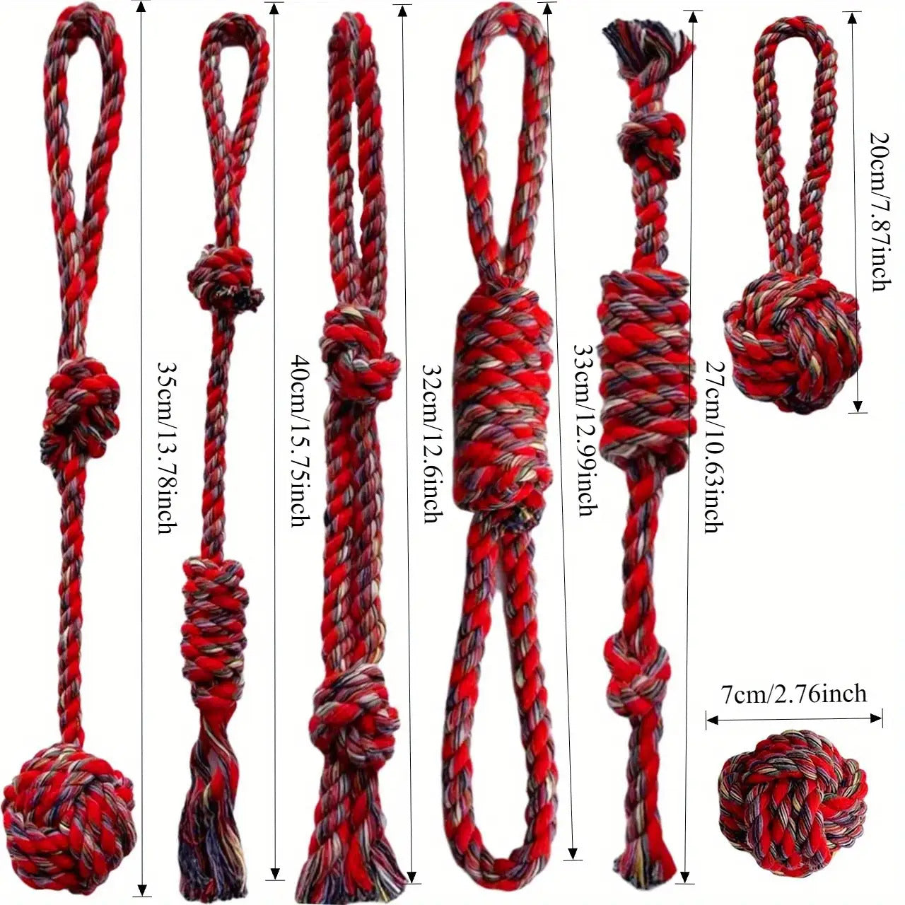 7 PCS Set of Red Dog Chew Rope Knot Toys, Durable Training Interactive Dog Rope Toys, Suitable for Various Sizes of Dogs for Play and Interaction. Multifunctional Teeth Grinding Rope, Indoor and Outdoor Training and Teeth Cle