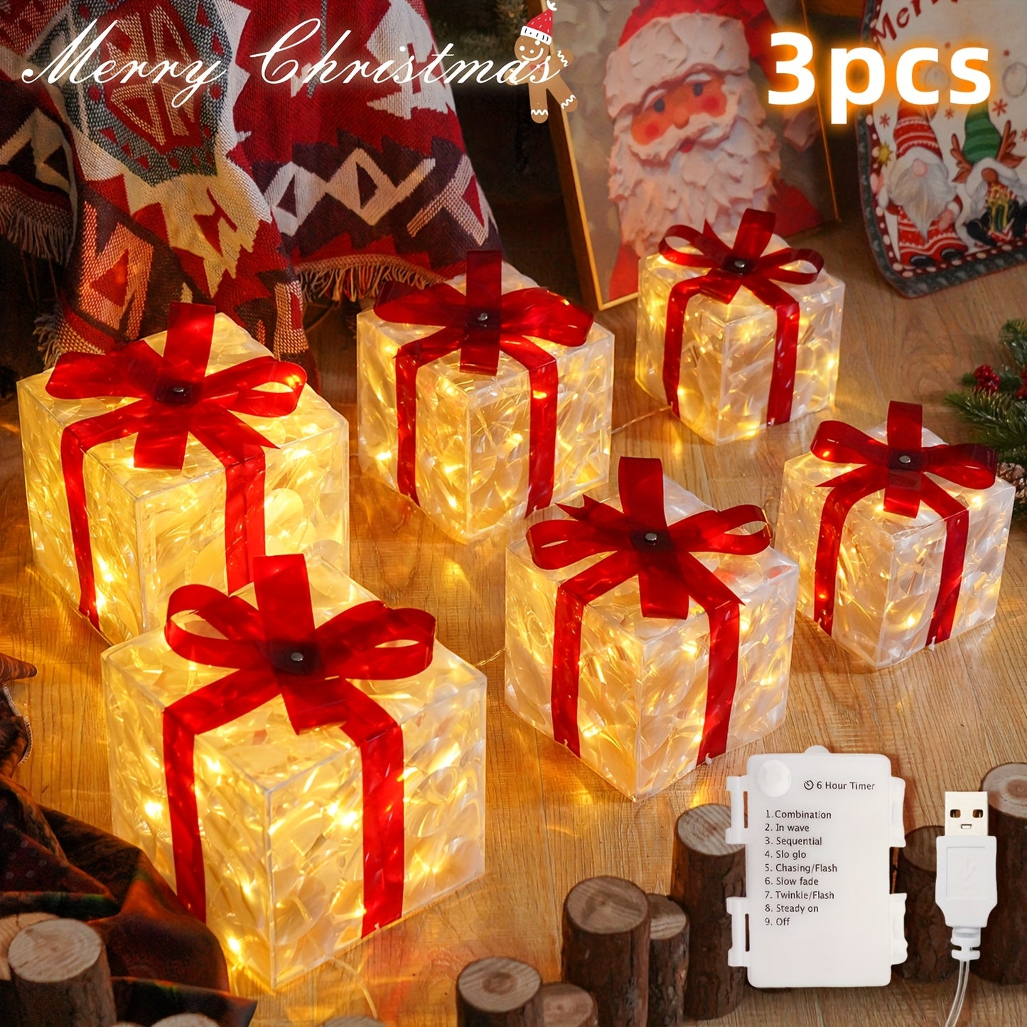 3PCS Set  Christmas Gift Box Light Set, Battery/USB Powered Transparent Warm Light Christmas Box with 8 Flashing Modes, Includes Timer Function, Suitable for Indoor Living Room Patio Party Christmas Tree Valentine's Day Chris