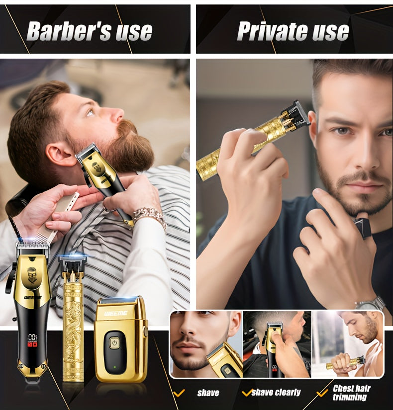 3pcs Men's electric hairdresser set, hairdresser hairdresser set, household electric hairdresser set, USB charging electric hairdresser, alloy knife head, LCD display, carving shape, household car travel use, Father's Day gi