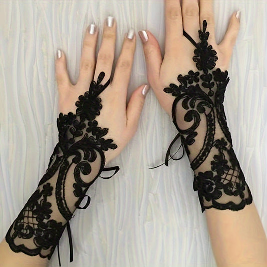 Stylish Black Lace Gloves Without Fingers for Ladies - Featuring Detailed Floral Designs, Flexible Wristbands, And Breathable Material - Perfect for Halloween And Dance Events, for halloween Costumes | Chic Glove Style | Adju