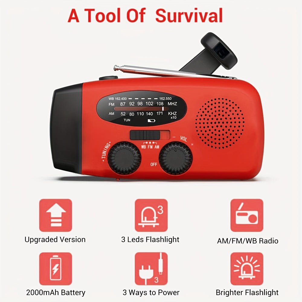 Emergency SOS Hand Crank Radio with Solar/USB/Power Bank Compatible, NOAA Weather Alert, AM/FM Portable Radio, VFD Display & Flashlight - Hand-Crank Survival for Camping, Emergencies, Outdoor (Compatible with speaker)