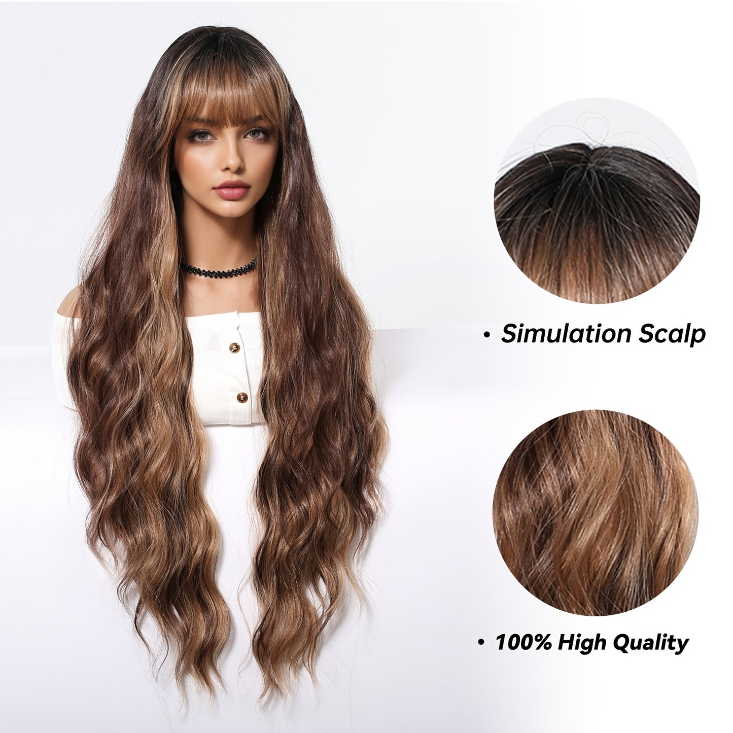Elegant 81.28cm Brown Curly Wig with Bangs for Women - Soft, Heat-Resistant Synthetic Hair, Perfect for Daily Wear & Special Occasions