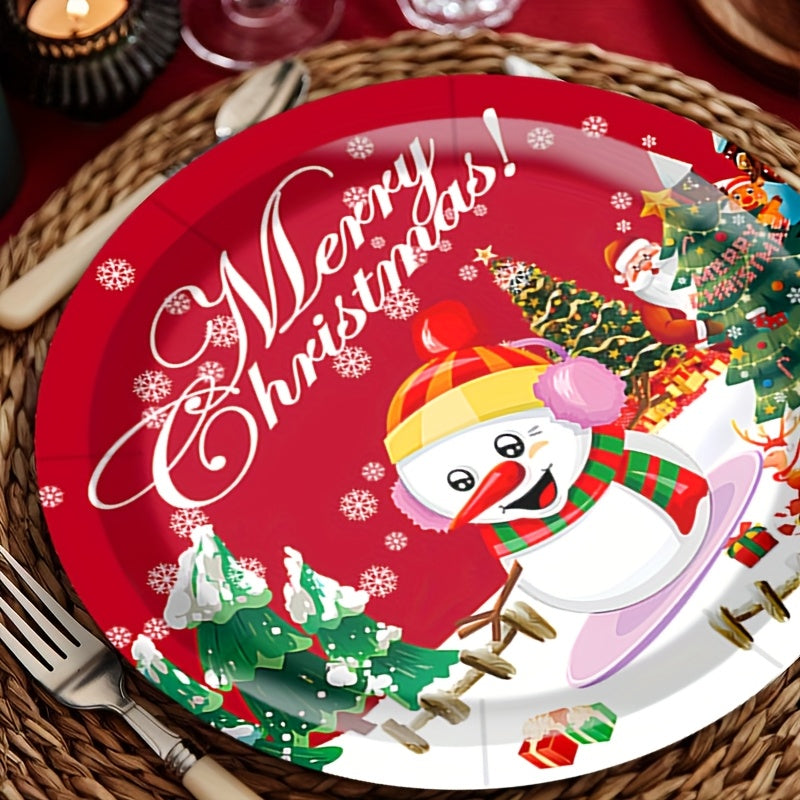 30pcs Festive Christmas Party Tableware Set - 22.86cm & 17.78cm Snowman Themed Paper Plates and Cups with "Merry Christmas" Design, Food-Safe Paper for Holiday Celebrations, Christmas Decorations, Perfect for Thanksgiving for