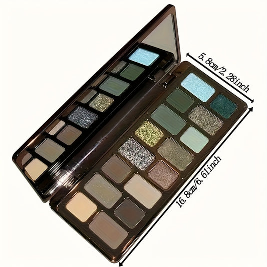 NEW 16-Color Eyeshadow Palette Featuring Matte, Shimmer, And Glitter Finishes in Gray, Green, And Earthy Tones, Perfect for a Smoky Vintage Look; a Versatile Makeup Palette with Highlighters And Blush, Compactly Designed for
