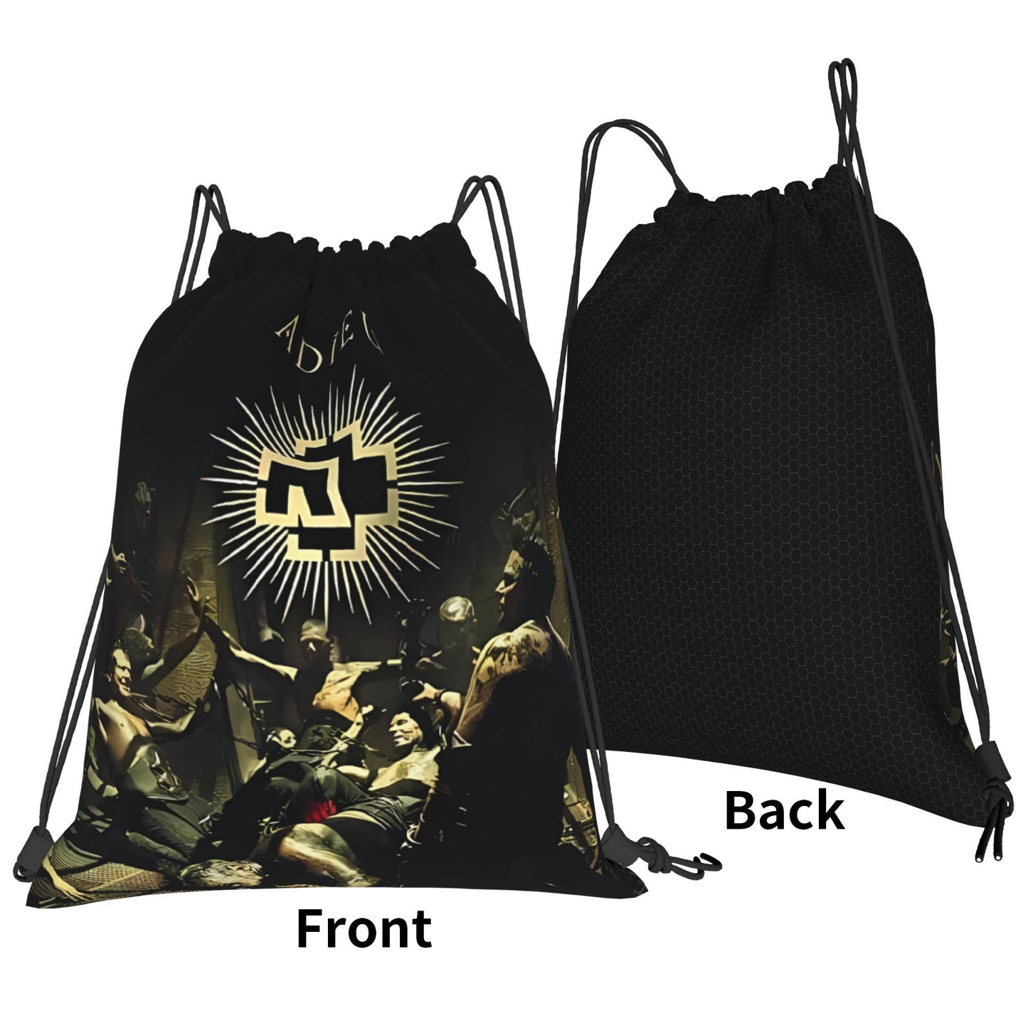 Gothic Skull Drawstring Bag - Durable Polyester Daypack with Multiple Compartments, Machine Washable, Black with Golden Crossed Swords and Bones Design for Gym, Sports & Everyday Us