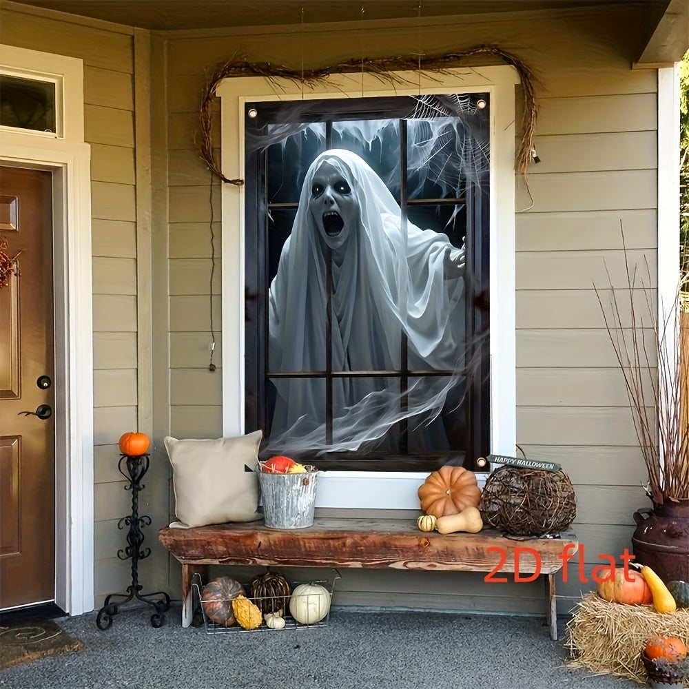 1-Pack Scary window banner - Halloween Decoration with Hanging Chains, No Electricity Needed, Easy to Hang Indoor/Outdoor - Spooky Party, Haunted House, Home Decor - Durable Polyester Fabric for Year-Round Halloween Displays,