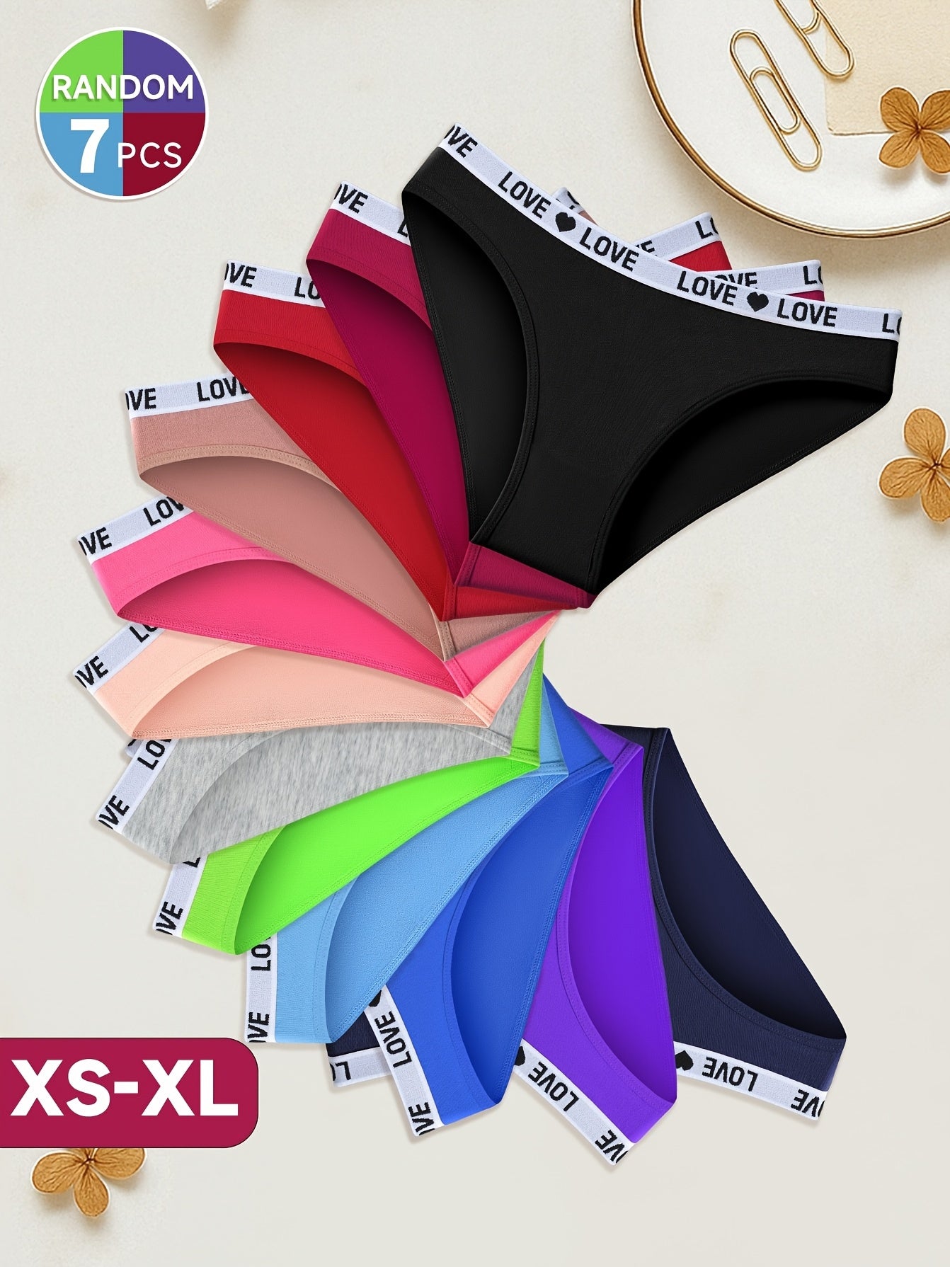 7-PCS Set  Women's Drop Waist Seamless Thong Panties | Sexy Bikini Heart Print, Simple Elegant Solid Color Design, High Elasticity Soft Breathable Fabric, Suitable for Light Skin, Autumn-Winter Underwear