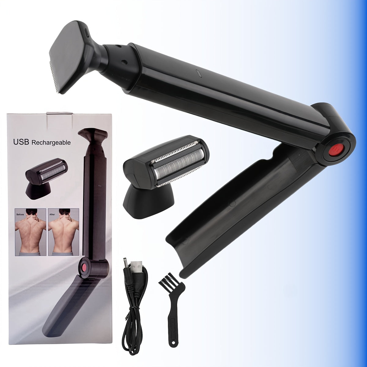 Men's Long-Handled Back Shaver with Facial Razor, Body Shaver with 2 Shock-Absorbing Elastic Heads and Adjustable Curved Handle - A Gift for Husband or Boyfriend