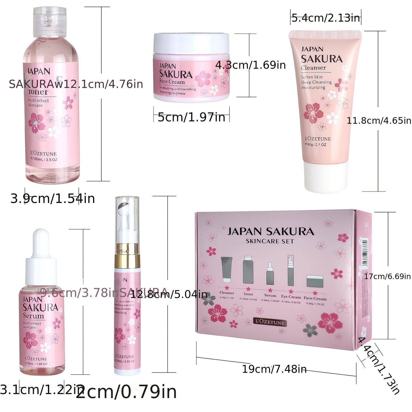 5PCS Set Japanese Sakura Cherry Blossom Skincare Set: moisturizing toner, eye cream, cleanser, face cream, cherry essence. Fits all Light Beige (dry, normal, combination). Great for post-facial hair removal