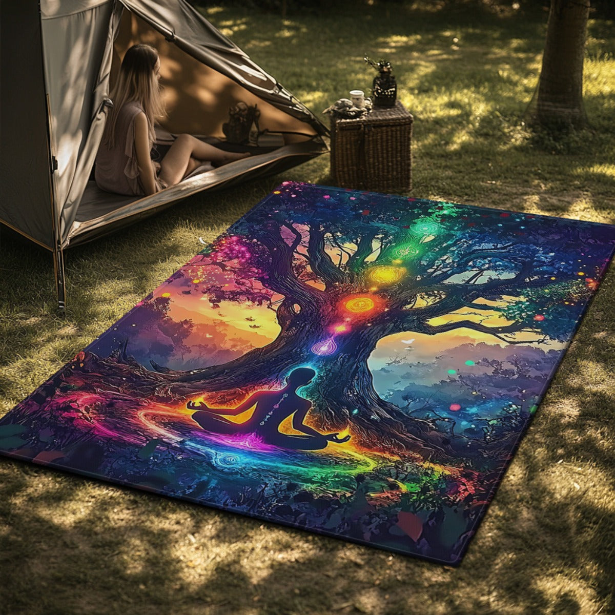 For Spiritual Yoga Studio Extra Large Meditation Mat - Heavy-Duty 800gsm Non-Slip Yoga Mat & Mat with Chakra Tree Design in Green, Blue, Purple, Pink, Orange, Yellow, Red, - Machine Washable Floor Mat for Living Room, Bathroo
