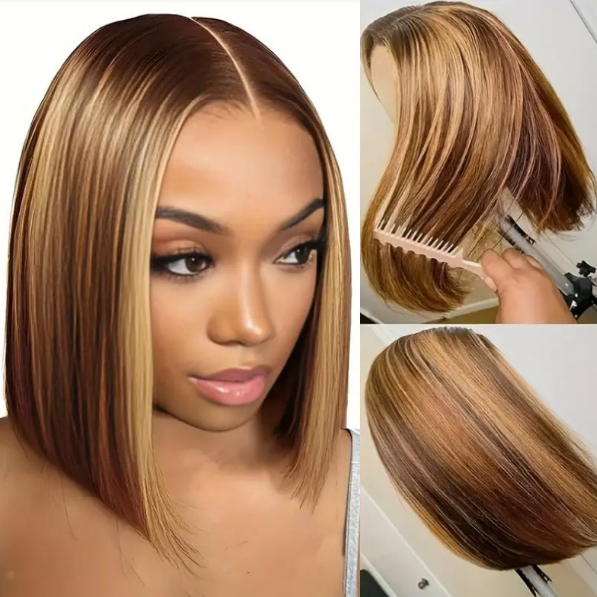 Short Bob Wig for Women & - Natural-Looking Body Wave Synthetic Hair with Golden Brown/Blonde/Beige/Brunette Ombre, Heat-Resistant Fiber & Breathable Mesh Cap, Middle Part Short Cut Wig for Daily Wear, Suits All Beige Tones