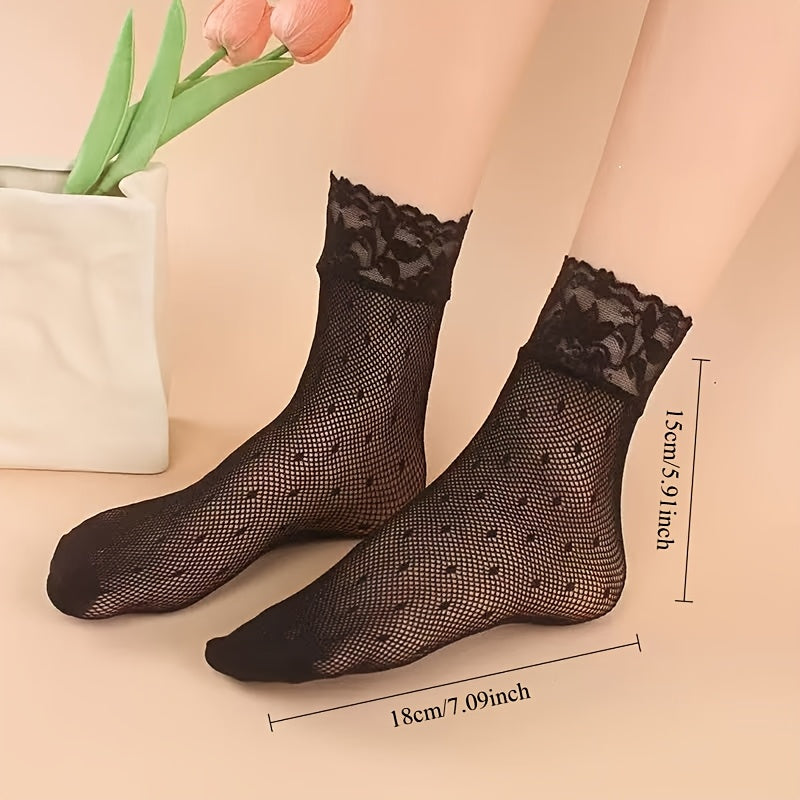 5 Pairs Women's Elegant Floral Lace Trim Ankle Socks | Breathable Mesh Short Socks for Casual & Formal Wear, Hand Wash/Dry Clean, Cute Socks, Sophisticated Sock Design