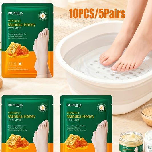 10 PCS Set Pack Vitamin E & Manuka Honey Intense Moisturizing Foot Masks for Extremely Dry, Cracked Feet, Winter Skincare, Pedicure Salon & Home Spa Care - Nourishing for Sensitive Light Beige
