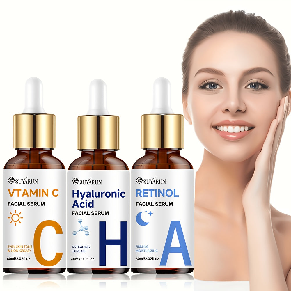 3 PCS Set 60ml Each Day & Night Vitamin C + Retinol + Hyaluronic Acid Triple Action Set, Enriched with Collagen, Aloe Vera, and Niacinamide, Brightens Complexion, Firms Skin, Deeply Hydrates, and Evens Light Beige. Gentle, Oi