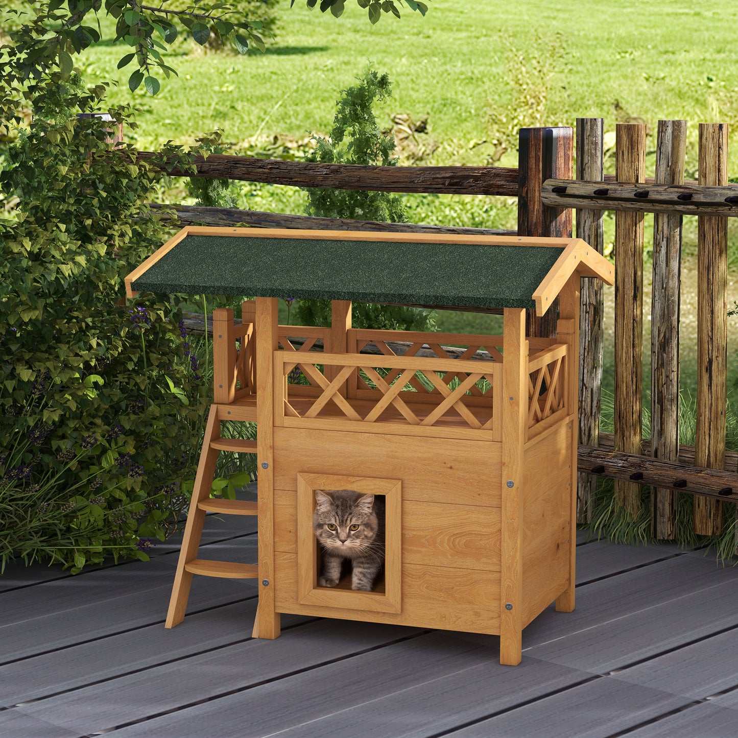 Outdoor Cat House Kitten Shelter Puppy Kennel with Balcony Stairs Asphalt Roof, 77 x 50 x 73 cm