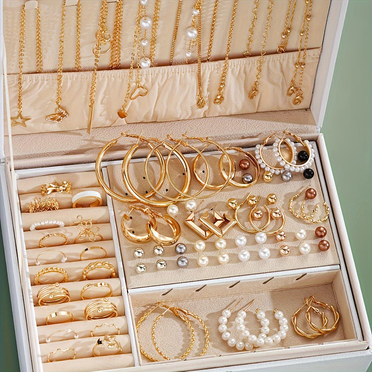 86 PCS Set Women's Jewelry Set | Retro Elegance with Imitation Pearl Flower, Geometric Line Rings, Large C-shaped Earrings, Butterfly, Five-pointed Star, Heart Circular Pendant Necklace - Perfect for Daily Outfits and Festiva