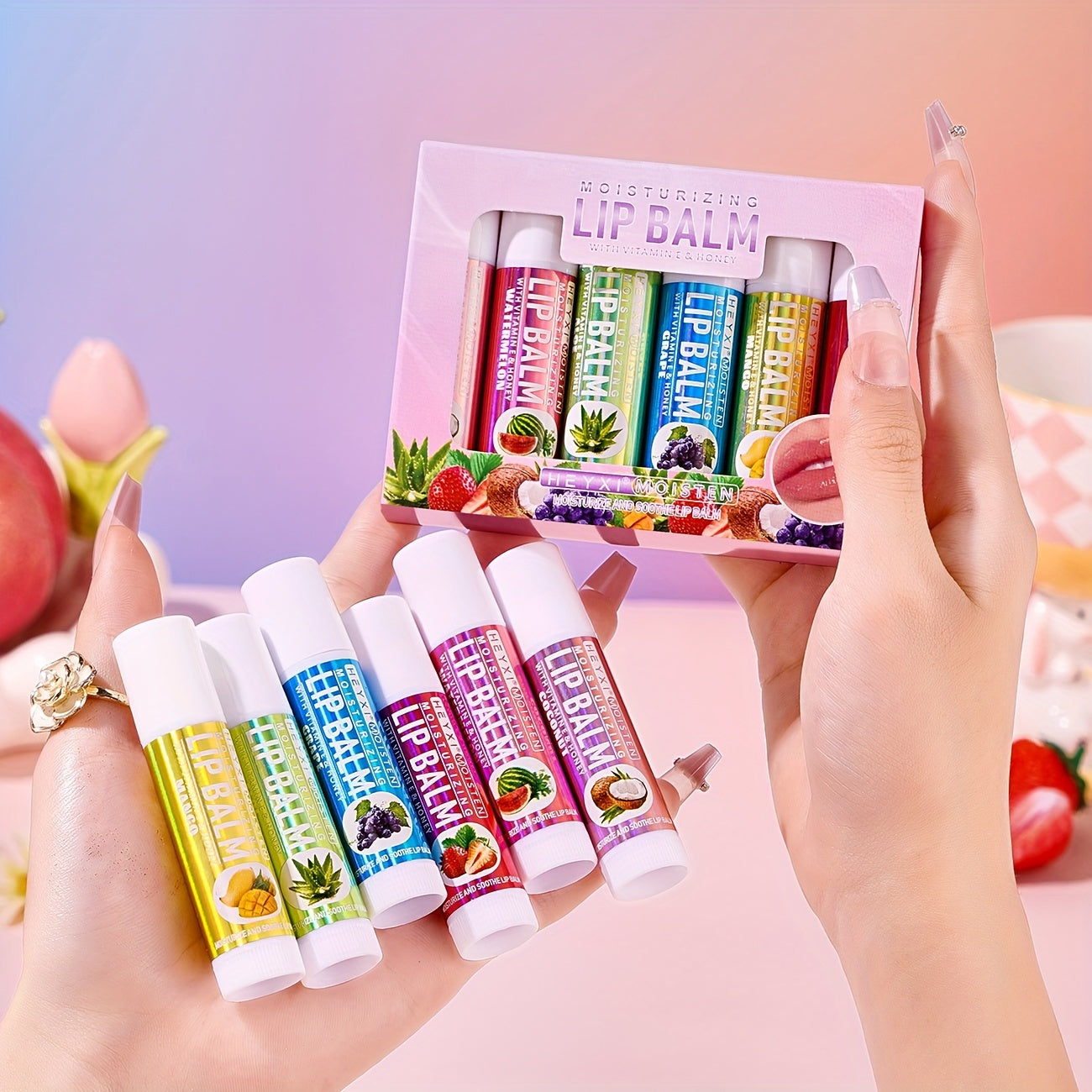 NEW Arrivals 6-PCS Set Fruit Flavored Lip Balm Gift Set - Unisex Natural Finish Moisturizing Lip Butters with Watermelon, Coconut, Aloe, Grape, Mango & Strawberry - Alcohol-Free for All Skin Types