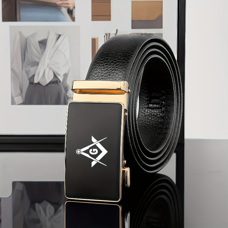 Freemason G-Inspired Pattern Men's Business Leather Belt, Fashionable Automatic Buckle for Secure and Effortless Wear, A Must-Have for Gentlemen, Suitable for Commuting and Travel, High Quality Belt