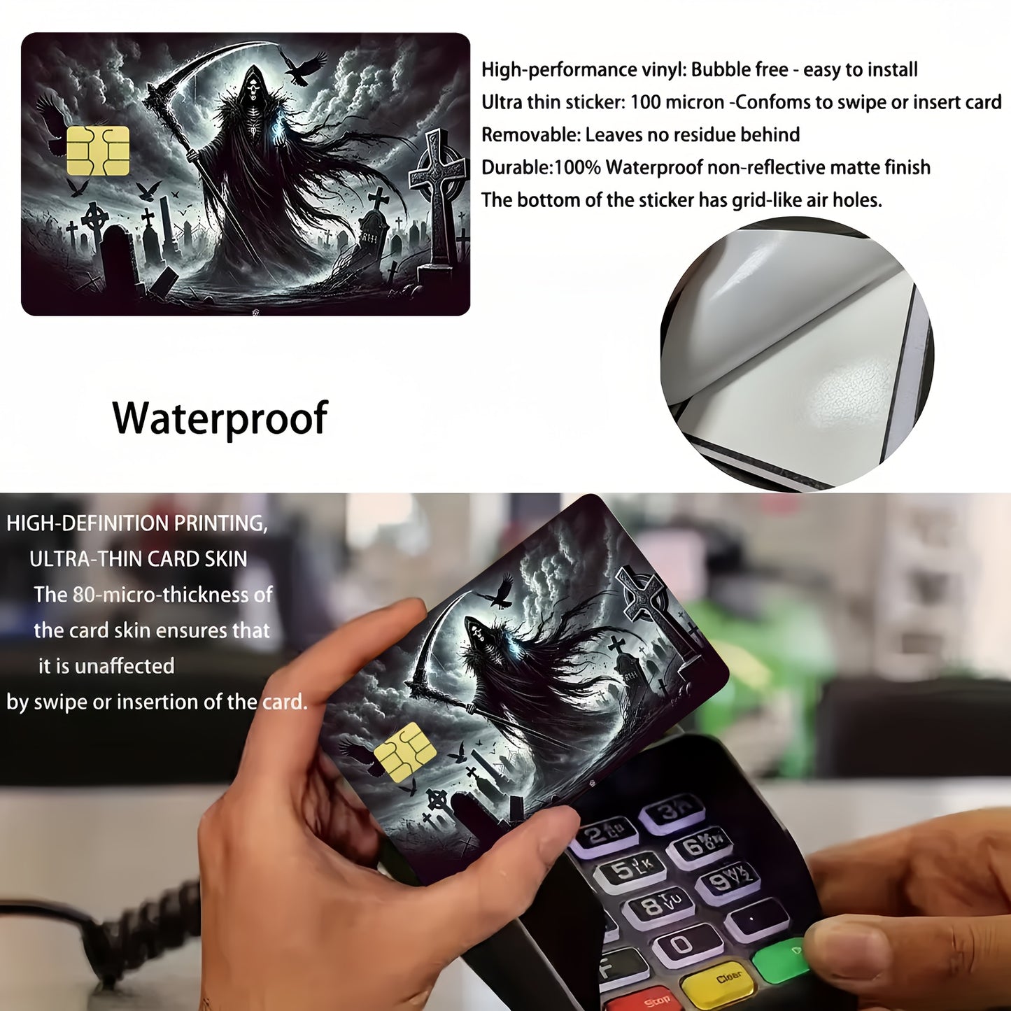 2 PCS Set Horror Death Scythe Pattern Credit Card Skins | Waterproof, Ultra-Thin, High-Quality, Scratch-Resistant, Self-Adhesive, Ideal for Credit, Bank, and Bus Cards, Perfect Gift for Friends, Plastic