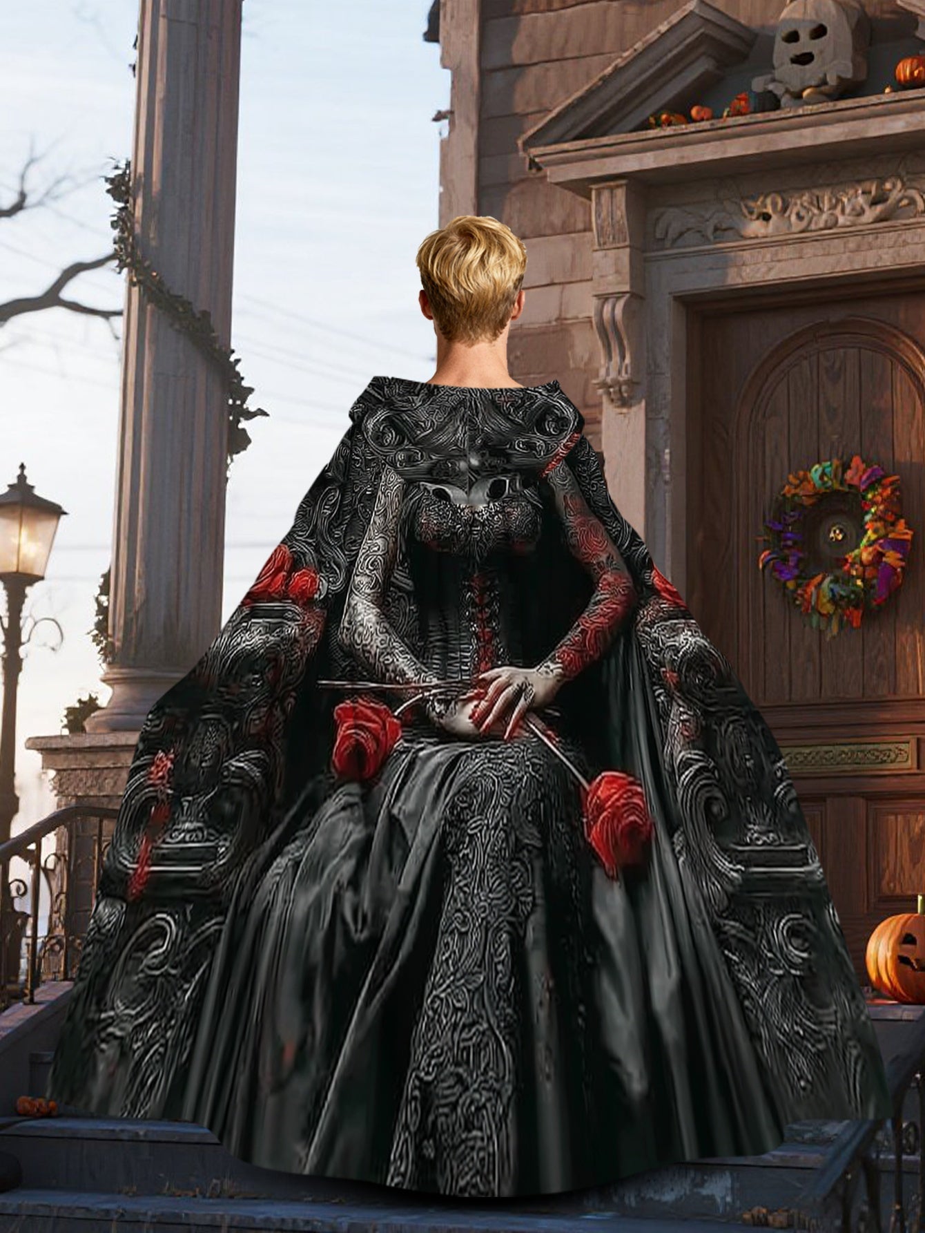 2D Printed Dress-Up Cloak Inspired by Gothic Day of The Dead Queen, Witch-Themed Events, And Festival Party Gifts. for Halloween,  Witchcraft Apparel Clothing Supplies