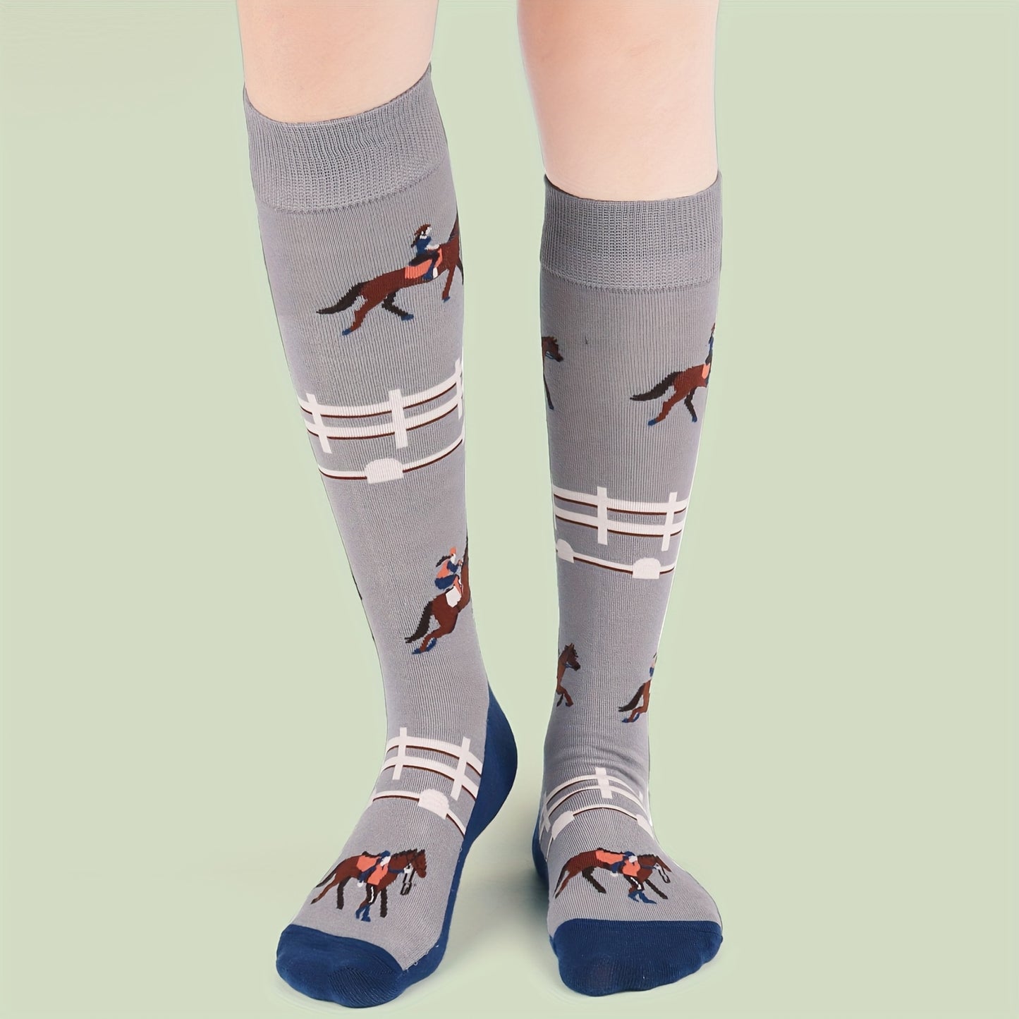 3 Pairs Set Horse Riding Knee-High Socks - Equestrian-Themed with Horses, Jockeys & Western Cowgirl Boots Print - One Size Fits 6-9/ 6-9/EU 39-42 - Soft Durable Novelty Gift for,, Moms & Horse, for Teenager