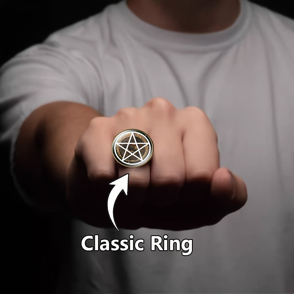 Pentagram Secret Society (unisex Wide-band Ring with Inlaid Patterns), Featuring a Mysterious Pentagram Design with a Vintage Metallic Finish and Circular Motif on a Dark Background. The Adjustable Width Ensures Comfortable W