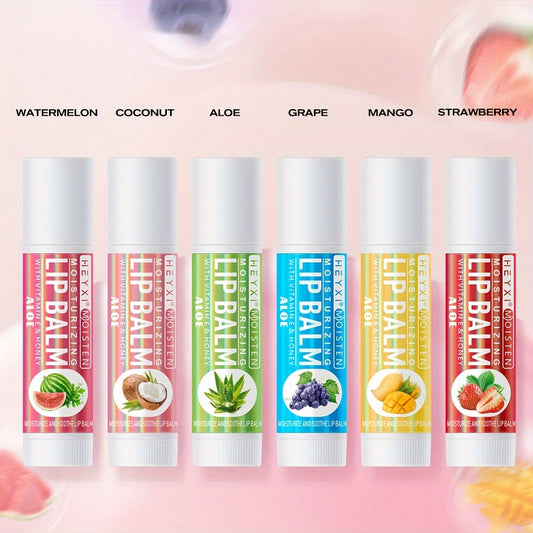 NEW Arrivals 6-PCS Set Fruit Flavored Lip Balm Gift Set - Unisex Natural Finish Moisturizing Lip Butters with Watermelon, Coconut, Aloe, Grape, Mango & Strawberry - Alcohol-Free for All Skin Types