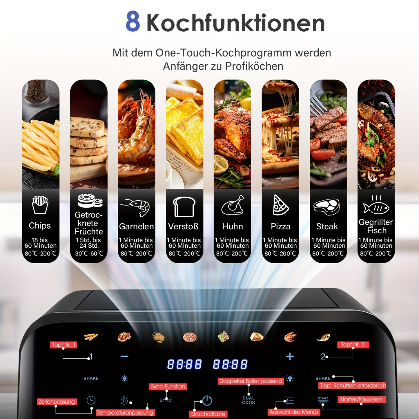 9L Dual-Basket Air Fryer (4.5L+4.5L), 2400W High-Power Cooking, Independent Temp Time Control, Smart Touch Panel with 8 Preset Modes, 80-200°C Adjustable Temp, 60Min Timer, Rapid Air Circulation, Stainless Steel Front, Heat-