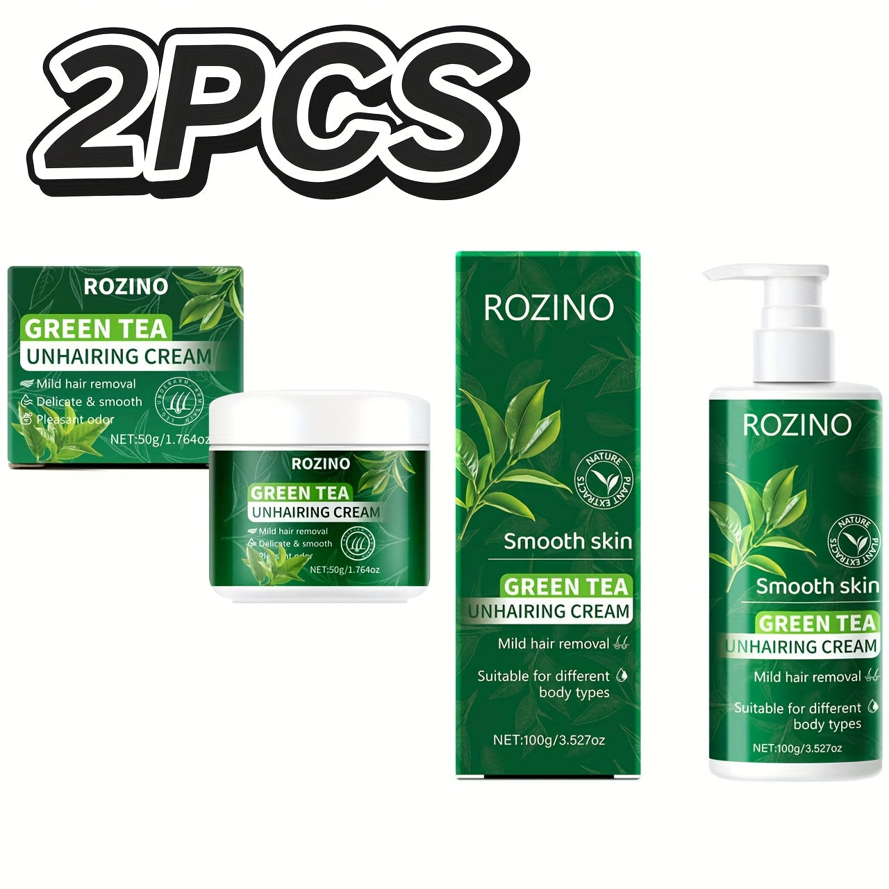 2 PCS Set Purchase One Get One Free Green Tea Summer Powerful Is Mild And Non-Irritating, Effectively Removes Hair, Quick 5-Minute Hair Removal, Ideal for Face, Lips, Underarms, Legs, Arms, And Bikini Areas, Suitable for Both