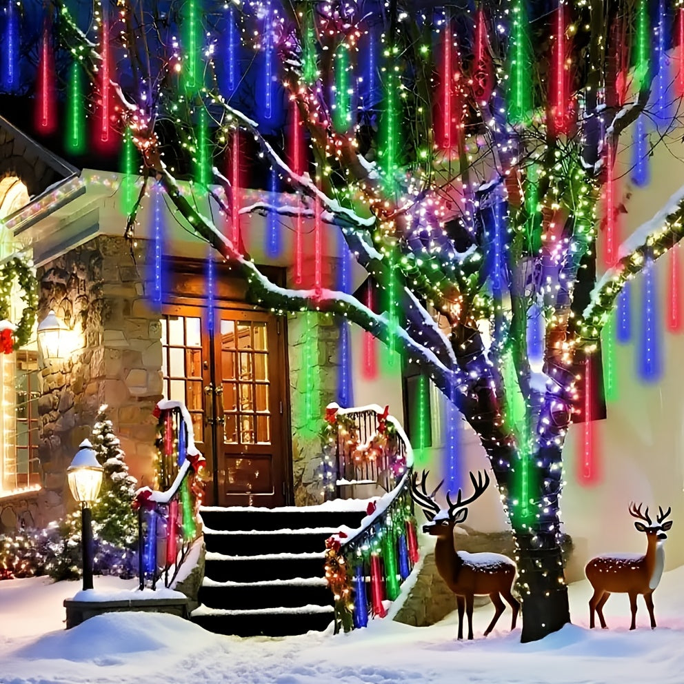 192 LED USB-Powered Meteor Rain Lights - Outdoor/Indoor String Lights with Falling Rain Drop Icicle Effect, IPX4 High Quality, USB-Powered Hanging Decorations for Christmas, Wedding, Garden, Patio, Party - Energy-Efficient LE