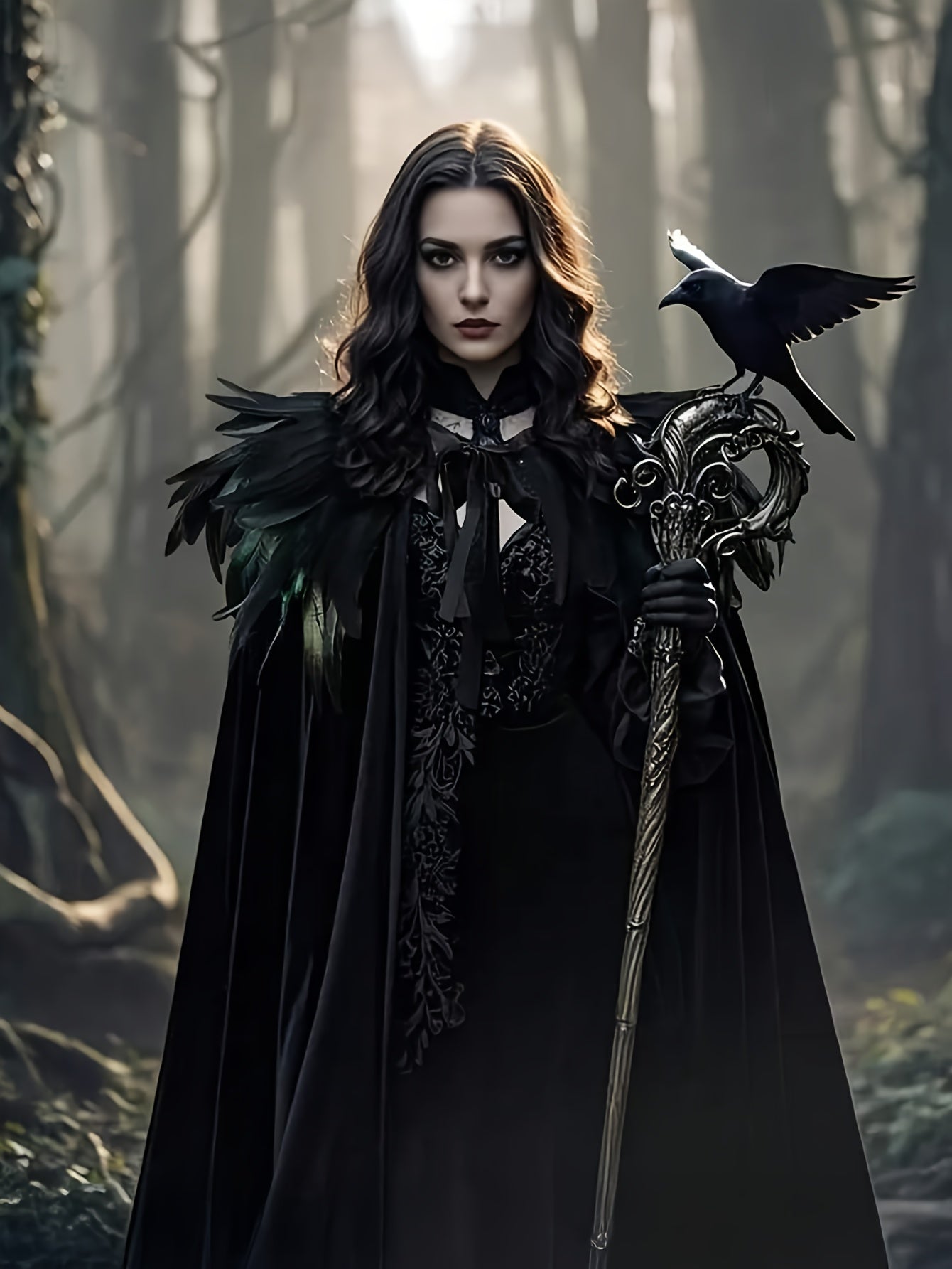 2 PCS Set Gothic Witch Robe & Cape Set - Long Sleeve, Green &, Perfect for Halloween & Carnival Costumes, Stage Props, Fall/Winter Wear, Vintage Style | Knotted Detailing, Witchcraft Clothing Supplies
