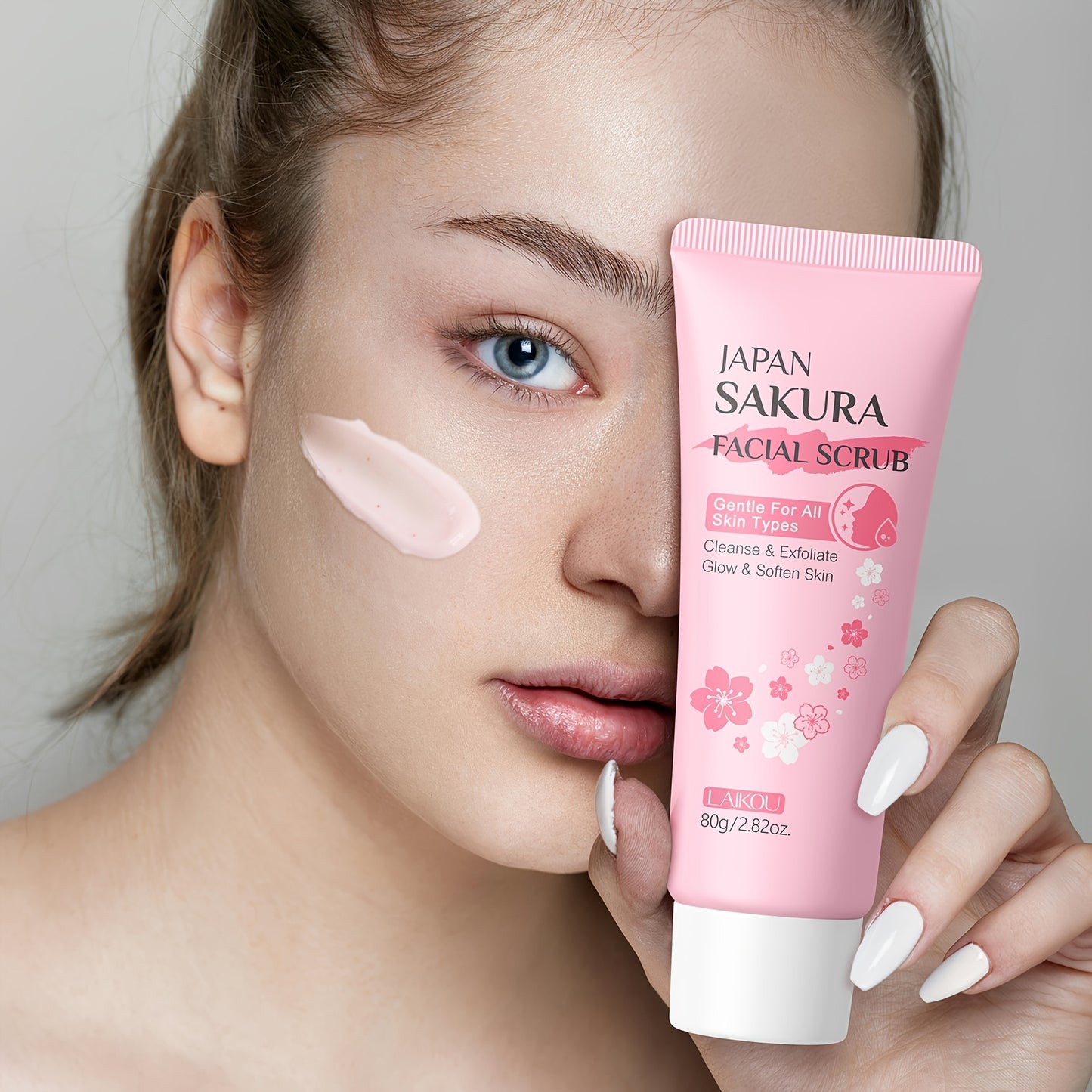 15PCS Set Japanese Sakura Facial Cleansing & Moisturizing with 5pcs Sleeping Mask, 5pcs Lip Mask, 50g Facial Wash, 80g Facial Scrub, Cute Hairband & Cleansing Brush, Gently Clean Skin, Free Gift Of Aloe Vera Foundation, Full