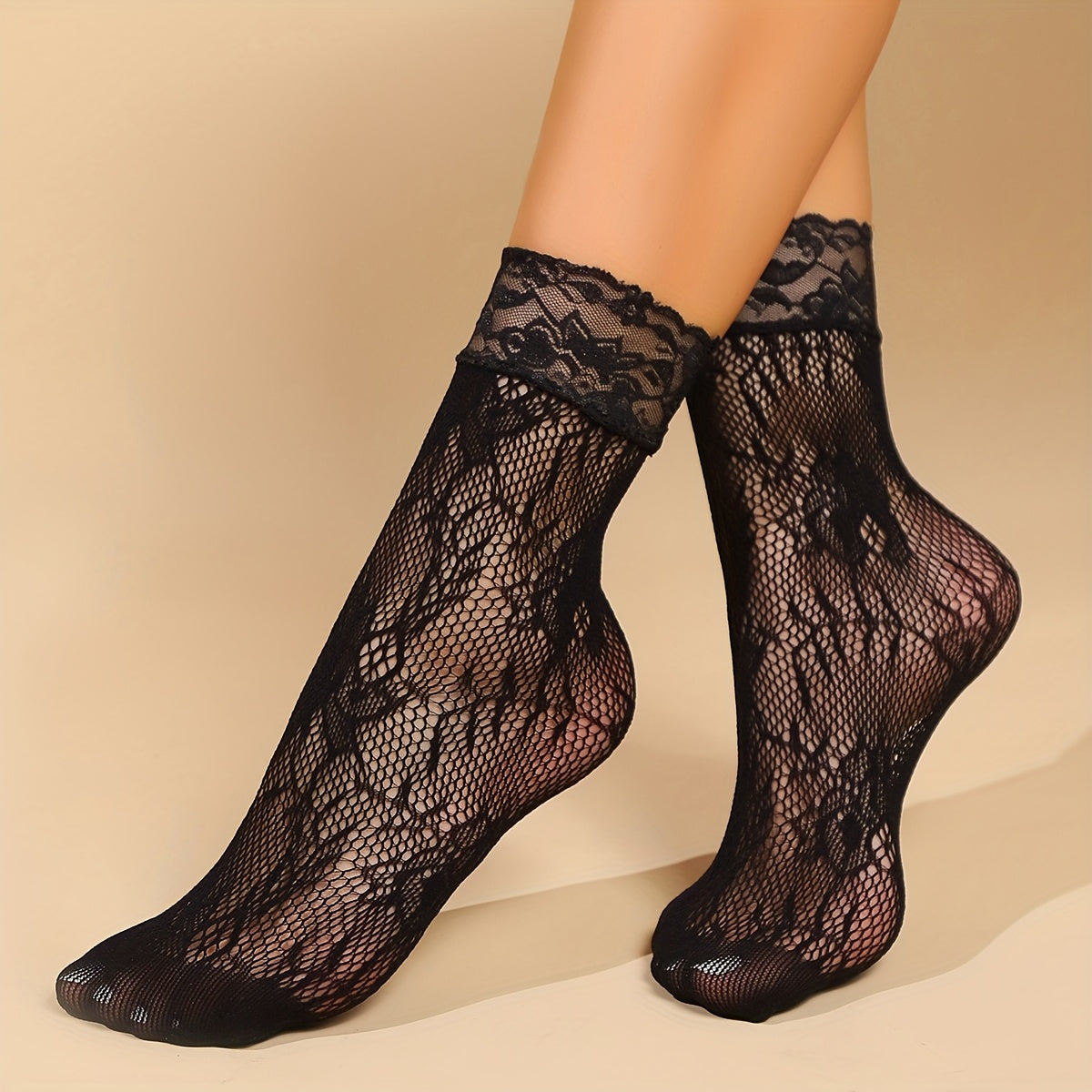5 Pairs Women's Elegant Floral  Lace Trim Ankle Socks - Breathable Mesh Short Socks for Casual & Formal Wear, Hand Wash/Dry Clean, Cute Socks, Sophisticated Sock Design