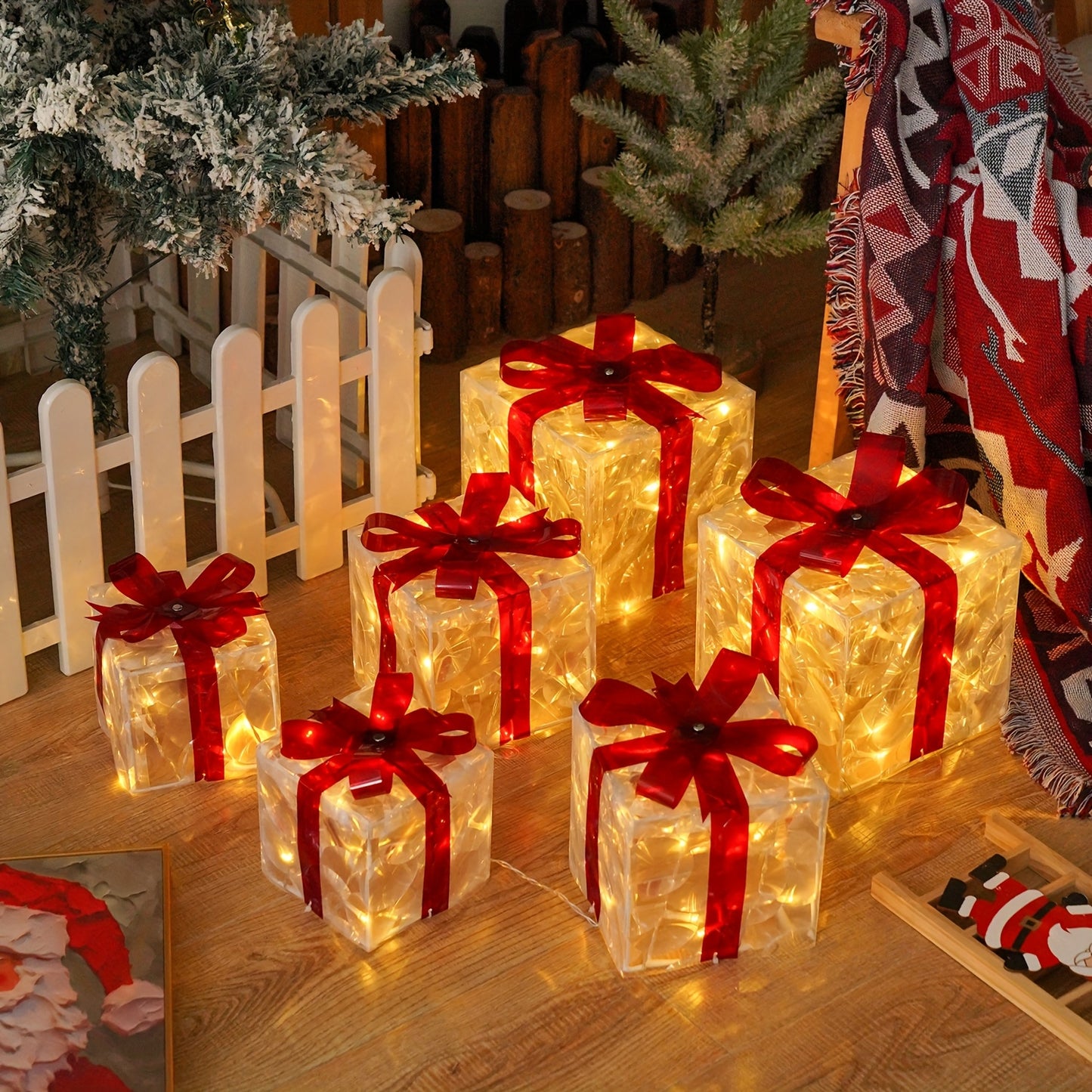 3PCS Set  Christmas Gift Box Light Set, Battery/USB Powered Transparent Warm Light Christmas Box with 8 Flashing Modes, Includes Timer Function, Suitable for Indoor Living Room Patio Party Christmas Tree Valentine's Day Chris