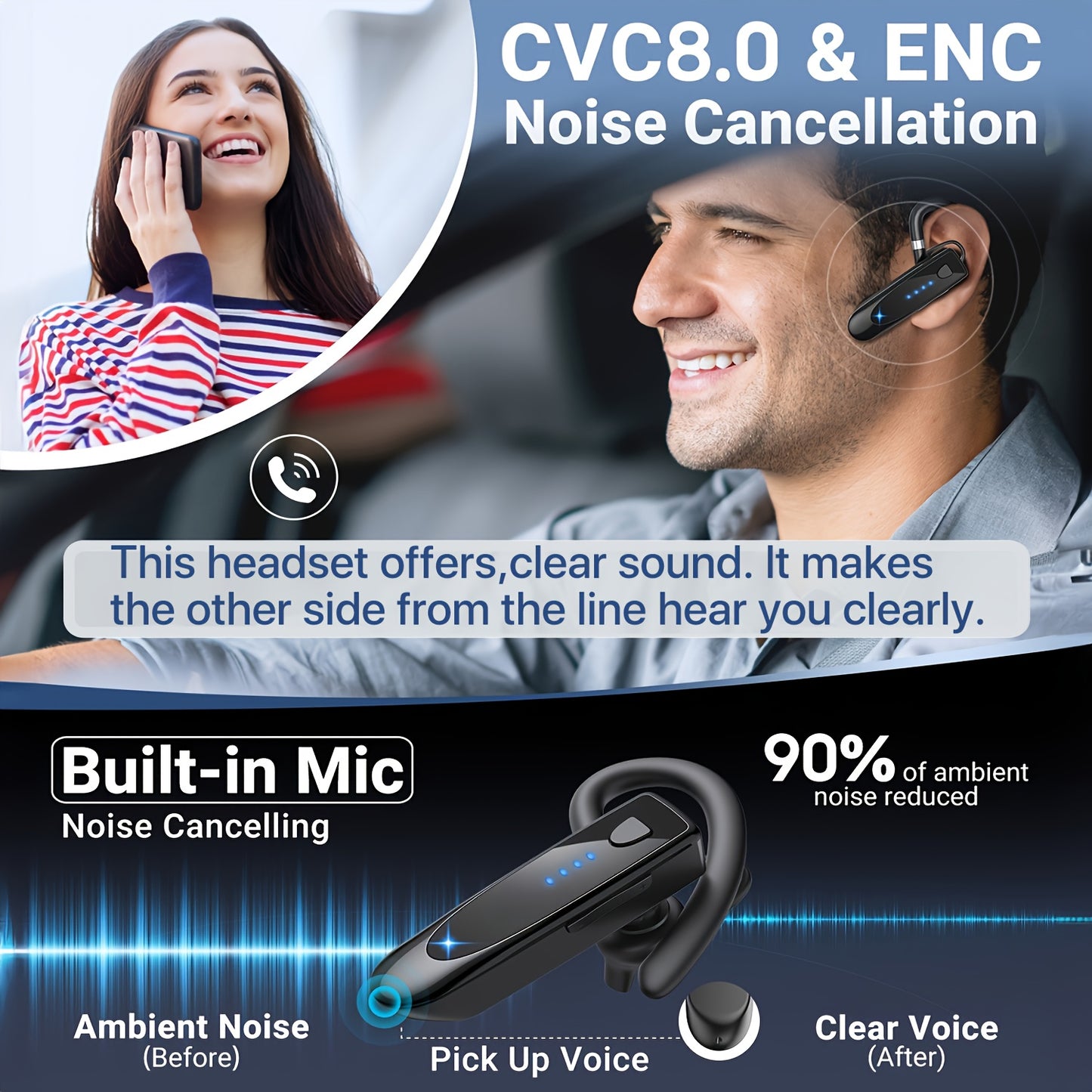 29Hr Music Playback Headphone with 180Hr Standby Time, Built-in Mic & Dual Device Connectivity, Lightweight In-Ear Design for Office, Trucker, Driver - USB Rechargeable