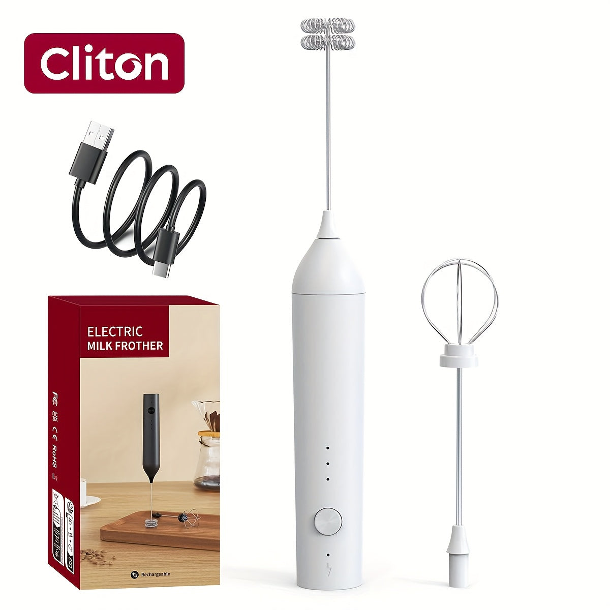 Rechargeable Electric Milk Frother, Handheld Foam Maker Whisk with 2 Heads 3 Speeds Drink Mixer, Built-in Mixing Heads for Both Milk Beaters And Egg Beaters, Quick Foaming Coffee Whisk for Coffee, Latte, Wedding Gifts, Portab